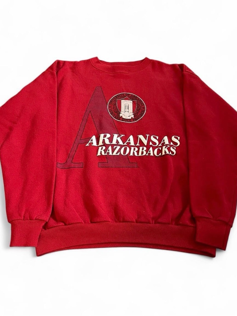Vintage 90s Tultex Arkansas Razorbacks College Crewneck Sweatshirt Graphic Sz L